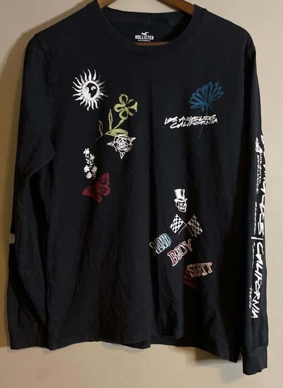 Hollister Los Angeles California Doodle Graphic Long Sleeve T-Shirt Black Size M